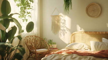 Peaceful bedroom with soft, warm tones, abundant plants, and soft sunlight.