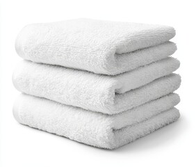 Stack of three white fluffy bath towels on white background.