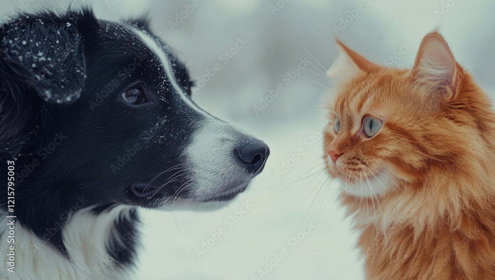 Poster close-up interaction between a playful dog and a curious cat in a snowy landscape showcasing friends