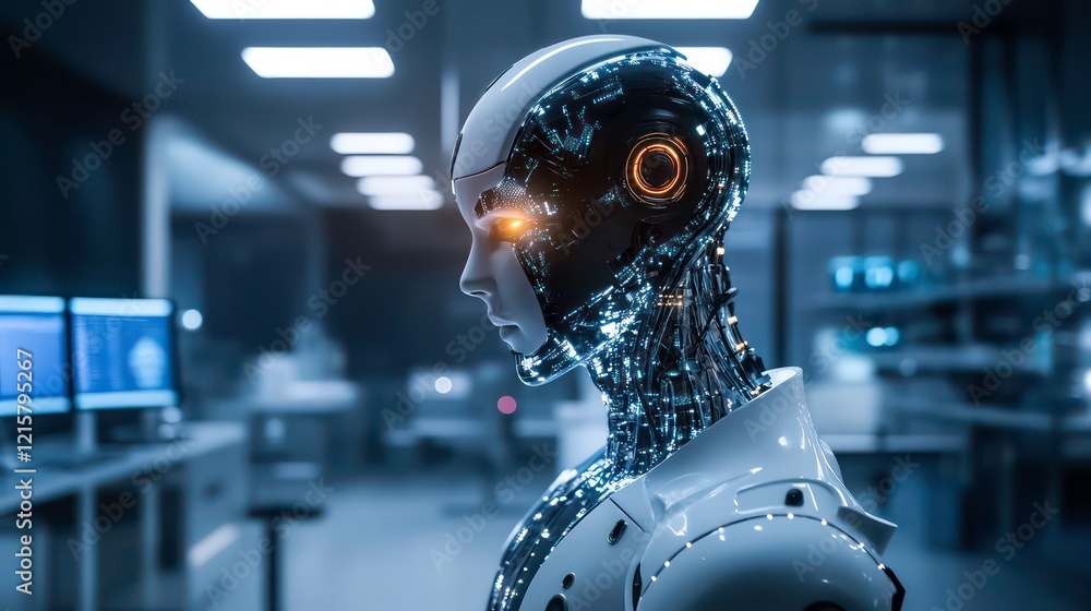 Poster Advanced humanoid robot in a futuristic lab setting.