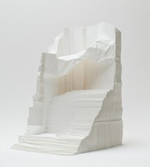 Abstract white sculptural form resembling layered architecture, stairs, and a cave.