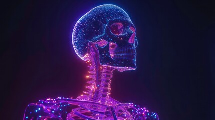 Glowing digital human skull and upper spine, neon colors on black background.