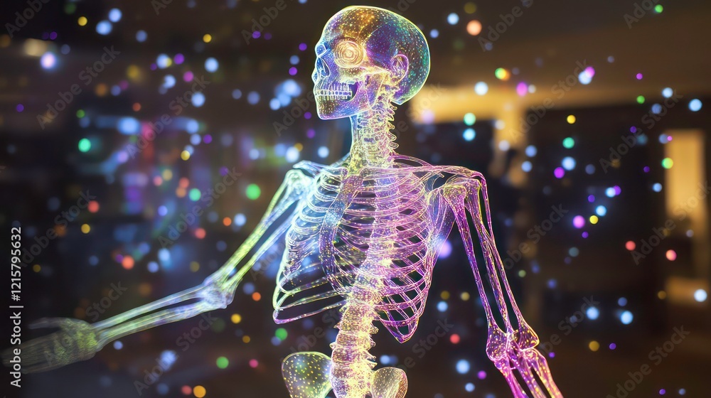 Poster holographic human skeleton model with colorful particles in a dark background.