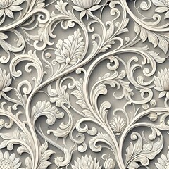 Seamless Intricate Floral Pattern: A captivating seamless pattern of delicate white floral and scrollwork elements, intricately carved and detailed, with a subtle grey background.