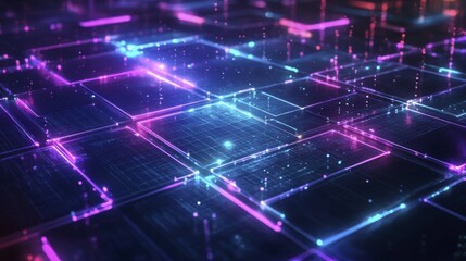 Futuristic neon grid with glowing digital squares and abstract light pattern