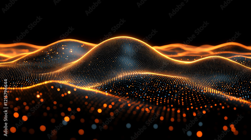 Poster digital background with flowing gold, silver, and white data waves glowing with light particles on a