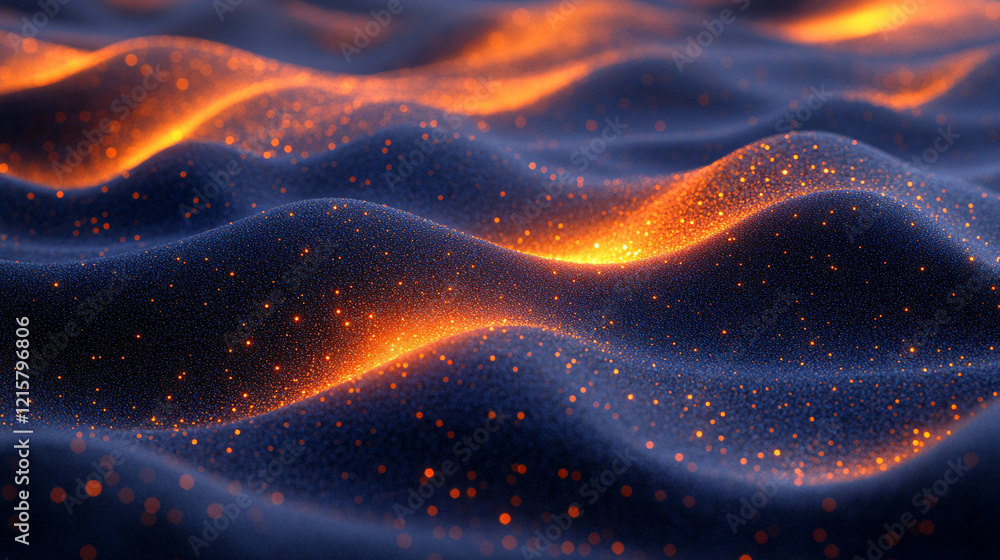 Poster digital background with flowing gold, silver, and white data waves glowing with light particles on a