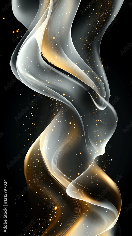 Poster digital background with flowing gold, silver, and white data waves glowing with light particles on a