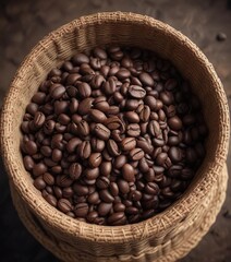 Freshly picked coffee beans in a woven basket, coffee plant stems, farm fresh produce, natural fiber basket