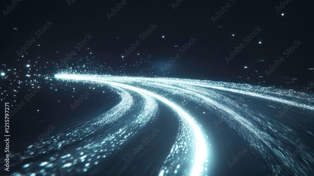 Poster glowing light trails curve across dark background.