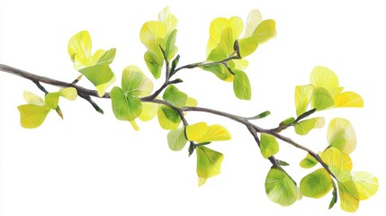 Obraz premium A delicate watercolor painting of a branch with yellow and green leaves on a white background