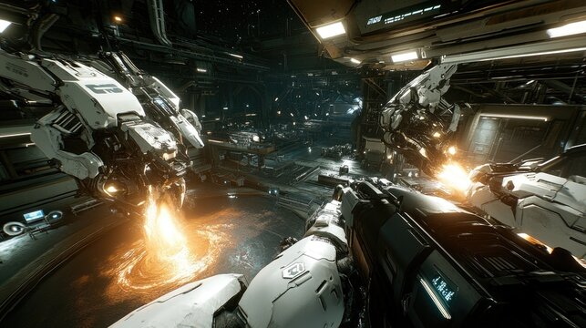 Spaceship battle, futuristic hangar, intense firefight, cosmic background, sci-fi game screenshot