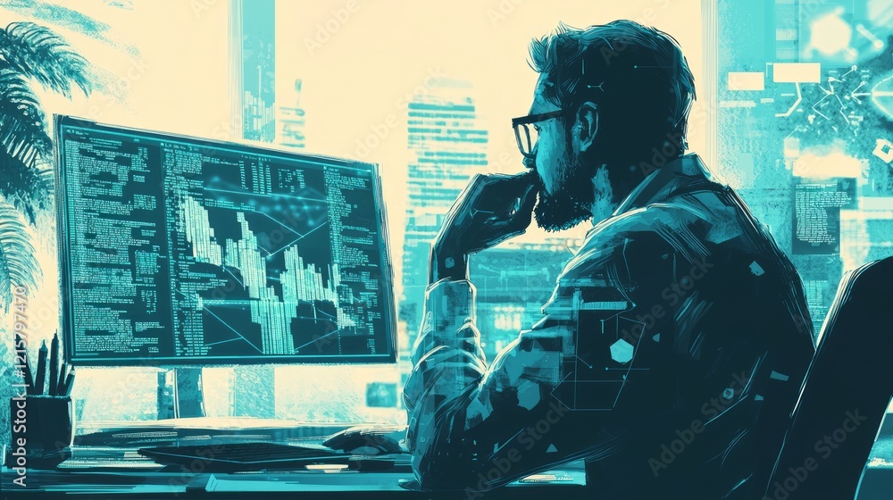 Poster analyst studying financial data on computer screen