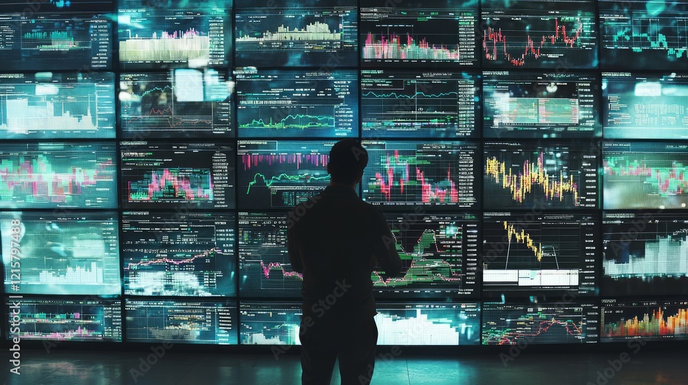 Poster analyst studying financial data on multiple screens