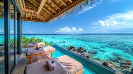 Obraz premium A Serene Tropical Spa Retreat Overlooking Crystal Clear Waters and Tranquil Skies Awaits You