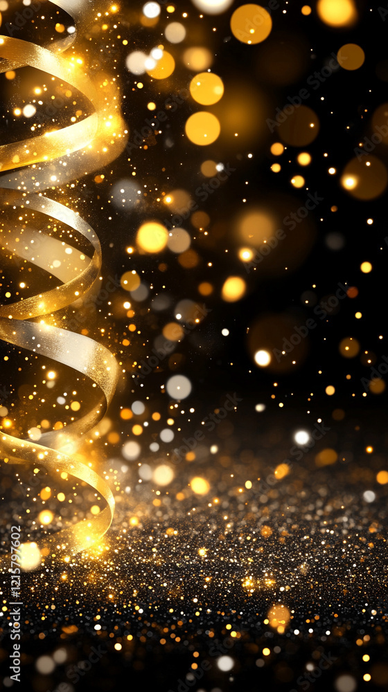 Poster digital background with flowing gold, silver, and white data waves glowing with light particles on a