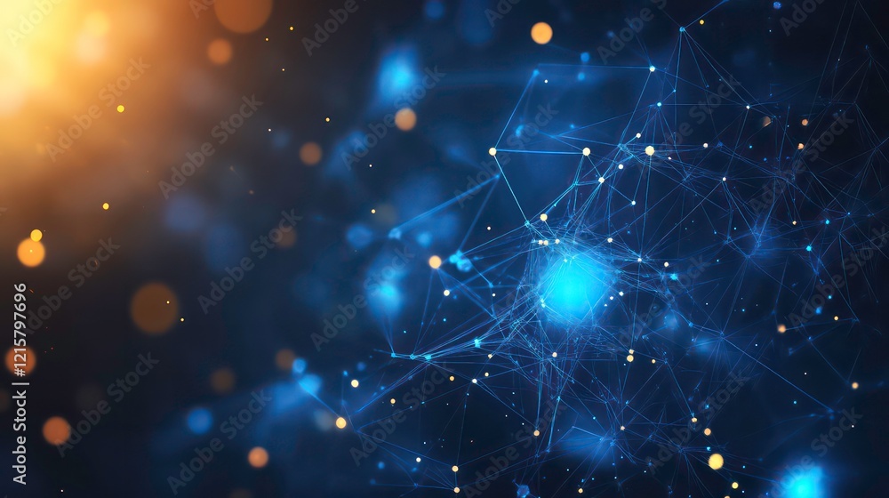 Poster Abstract blue network with glowing particles and bokeh effect.