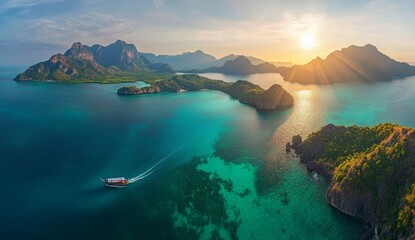 Fototapeta premium Sunrise over tropical islands, boat on turquoise water.