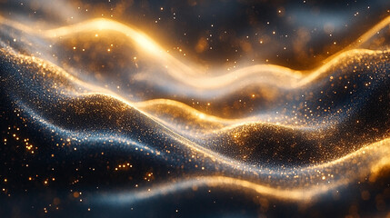Digital background with flowing gold, silver, and white data waves glowing with light particles on a dark backdrop, featuring a modern minimalistic style and empty blank space for captions

