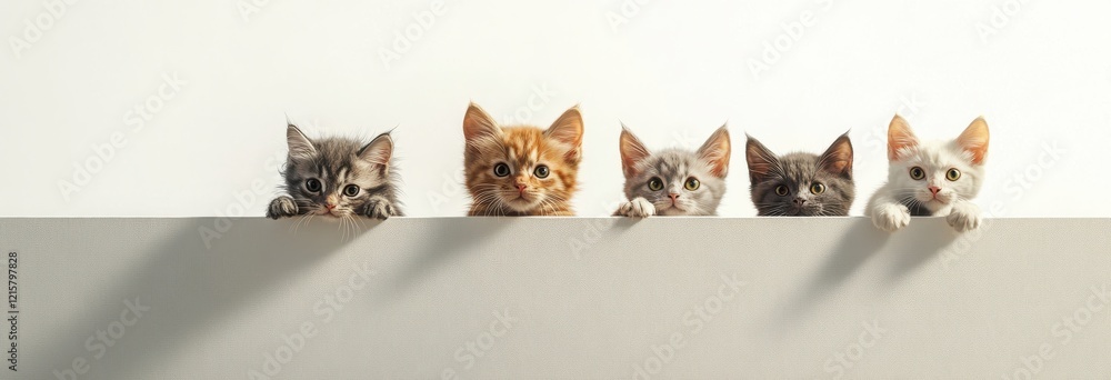 Poster five adorable kittens with varying colors and patterns peeking over a light gray surface, capturing 