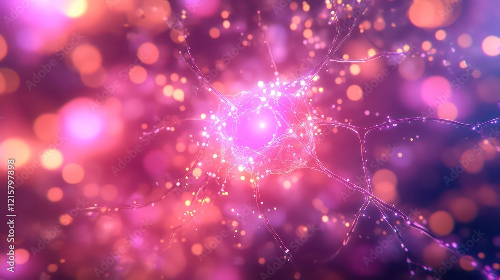 Poster abstract neuron cell with glowing connections and bokeh background.