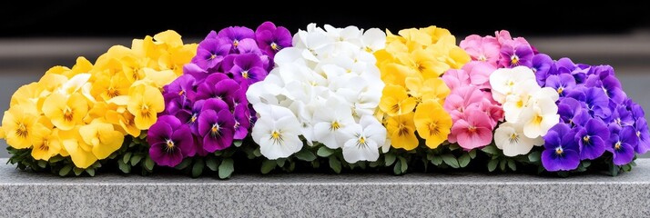 Colorful pansies arrangement on stone, spring garden background, floral decoration