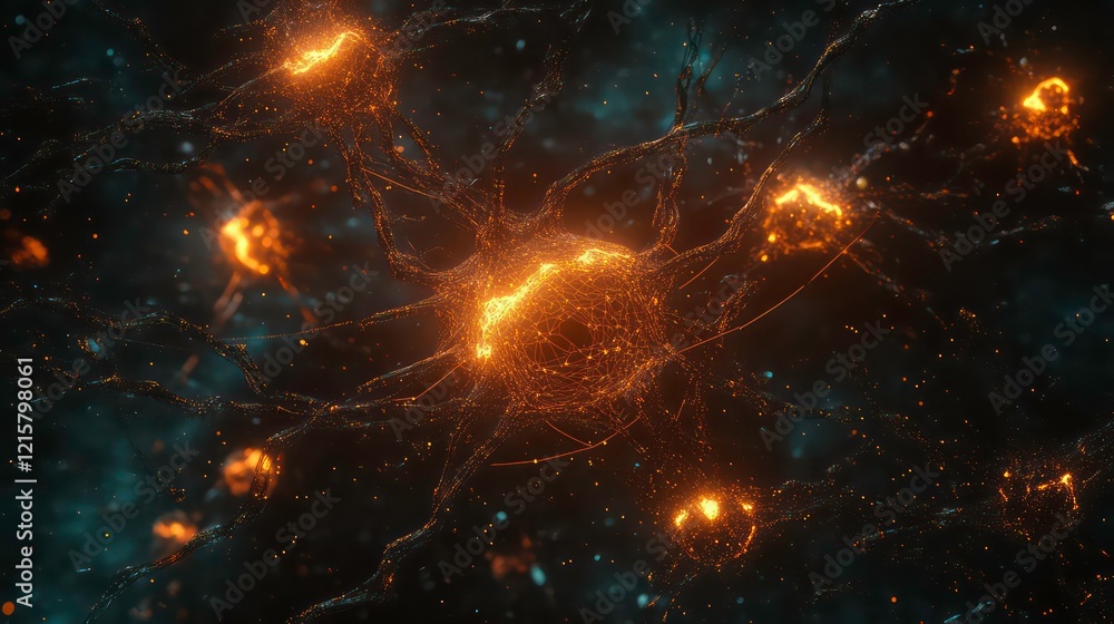 Aufkleber Microscopic view of glowing neuron cell with network of connections.