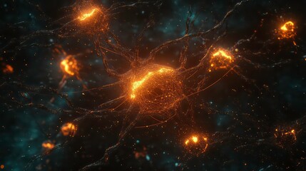 Obraz premium Microscopic view of glowing neuron cell with network of connections.