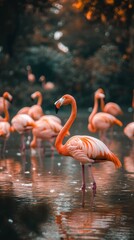 Obraz premium Flamingos in a serene lagoon at sunset, showcasing their vibrant plumage and peaceful reflections in the still water, a captivating scene of nature's beauty.