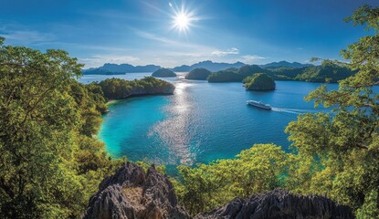 Obraz premium Sunlit tropical bay with cruise ship, seen from a lush island viewpoint.