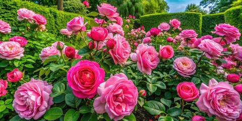 Fototapeta premium Aerial View Lush Pink Roses Garden, Drone Photography, Blooming Pink Roses, Overhead Rose Garden, Pink Rose Flowers Aerial Shot