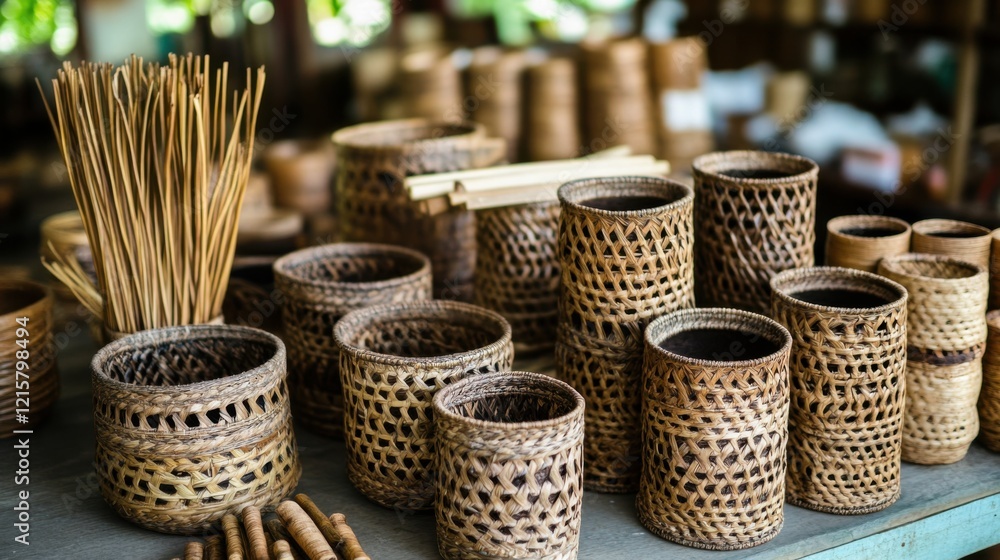 Poster handcrafted natural baskets and artisanal bamboo products displayed on a rustic wooden table in a cr