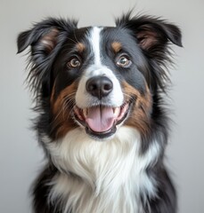 Happy and Playful Close-Up Portrait of a Beautiful Dog with Black, Brown, and White Fur, Conveying Joy and Affection in a Clean Background for Stock Photography Use