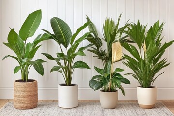 Fototapeta premium Indoor plants, home decor, white wall background, natural light, stylish interior design