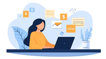 Woman working on laptop, surrounded by notes and financial data.