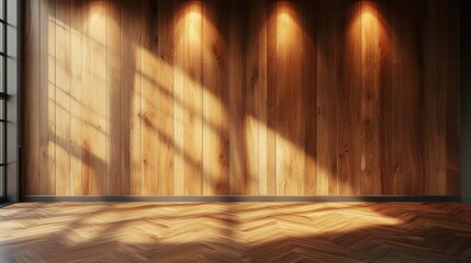Warm sunlight streams across a wood-paneled wall and herringbone floor. Ideal for showcasing products or creating a calm, natural ambiance.