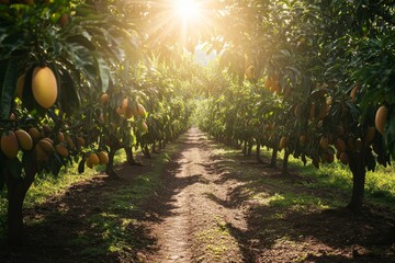 Sunlit mango orchard path.