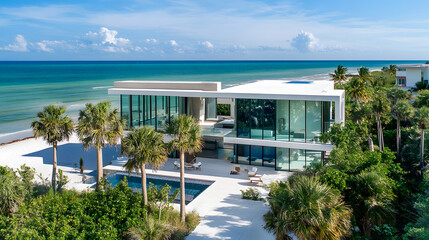 Fototapeta premium Magnificent coastal villa with lush gardens and a clear view of the beach and ocean.