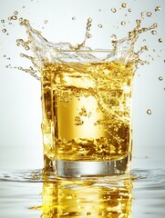Refreshing yellow drink splash in glass, studio shot, clean background, perfect for advertisement
