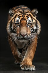 Fototapeta premium Stunning portrait of a sumatran tiger against a dark background showcasing its majestic features