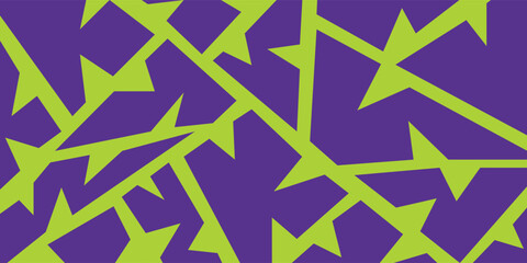 Abstract seamless pattern with geometric shapes in purple and lime green. The design features sharp angles and a fragmented, almost camouflage-like effect.