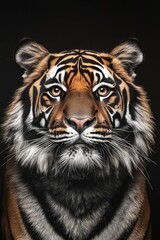 Fototapeta premium Stunning portrait of a sumatran tiger against a black background majestic feline close up