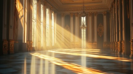 Sunlit Grandeur: A Golden Palace Hall bathed in morning light