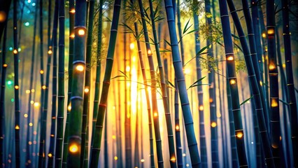 Obraz premium Bokeh Bamboo Forest Silhouette: Dark Green Night Scene, Artistic Photography