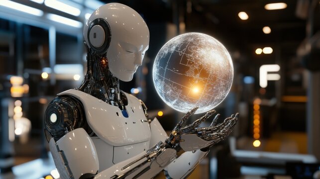 Futuristic humanoid robot exploring a glowing holographic globe in a high-tech environment with advanced technology and intricate details on the robot's design