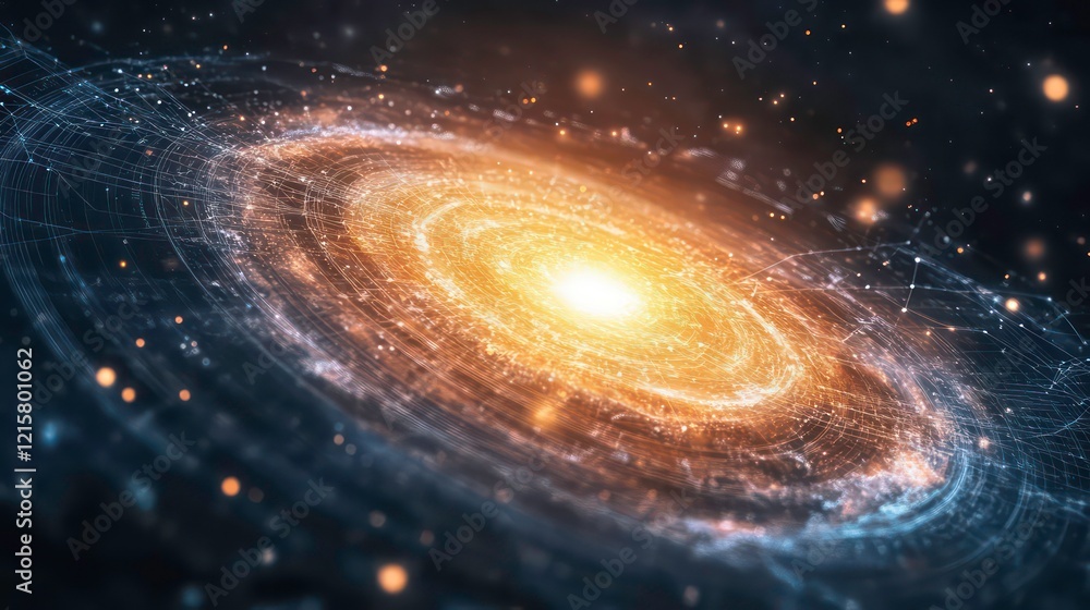 Poster abstract swirling galaxy with bright core and glowing particles.