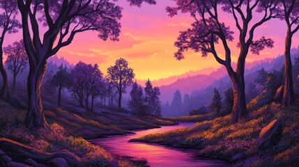 Fototapeta premium Serene twilight landscape with a flowing river, vibrant trees, and a colorful sunset in the background
