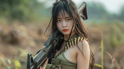 Determined female soldier poses with assault rifle ready for action in nature