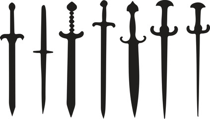 Black clean and bold vector set of swords on white background.