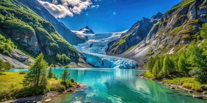 Briksdalsbreen Glacier in Norway - Majestic Ice Formation with Serene Landscape and Clear Blue Sky, Ideal for Nature Enthusiasts and Adventure Seekers, Perfect for Travel and Outdoor Photography